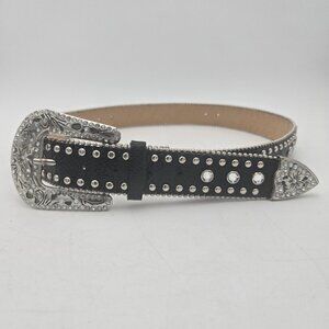 Womens Western Rhinestone Black Faux Leather with Silver Engraved Buckle Vintage